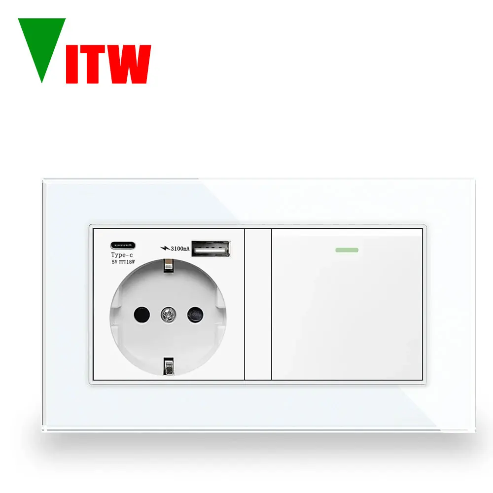 VitwGerman style wall socket with USB, A+C type fast charging interface, EU universal 16A electrical socket, 1Gang 2-way switch