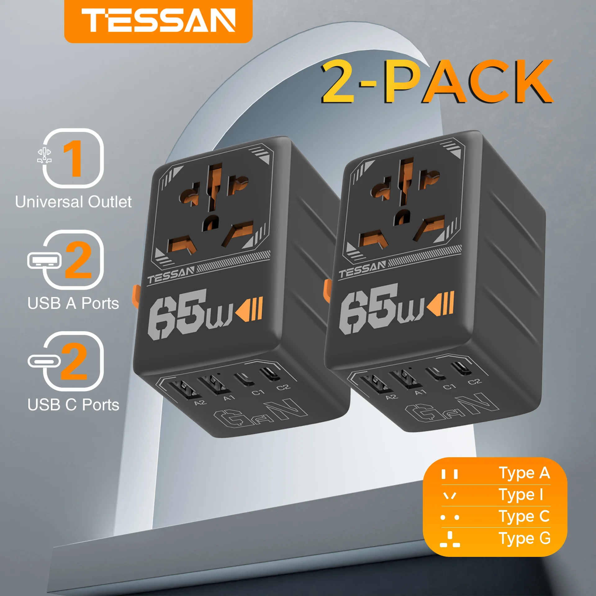 TESSAN 2 Pcs GaN Adaptador de Viagem Universal 65W Adaptador de Plugue Internacional com Adaptador de Carregamento Rápido de Viagem USB UE/Reino Unido/EUA/AUS Plug