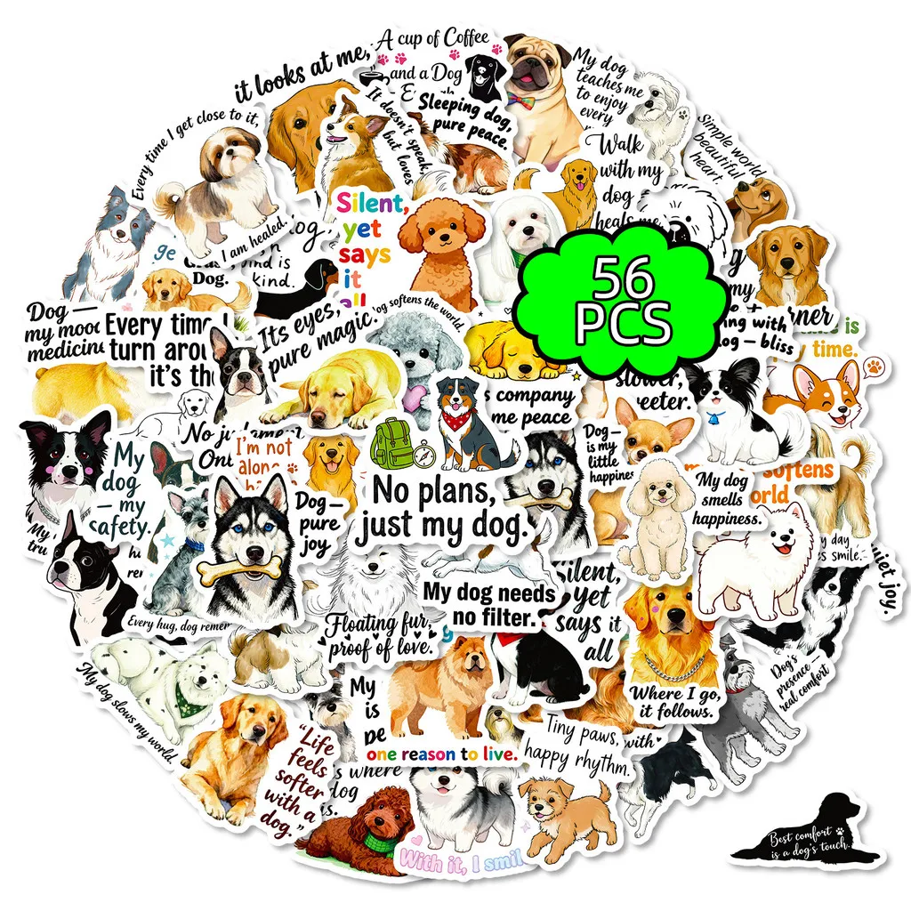 56Pcs Puppy Quote Stickers Unique Full English Text Pet Decals for Journal & Water Bottle DIY Decor Golden Memory Stickers Store