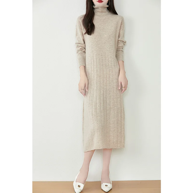 

Hot Sale Ladies Dresses Turtleneck 100% Australian Wool Knitting Mid-Calf Winter Soft Warm Dresses 6Colors Full Sleeve Free Ship