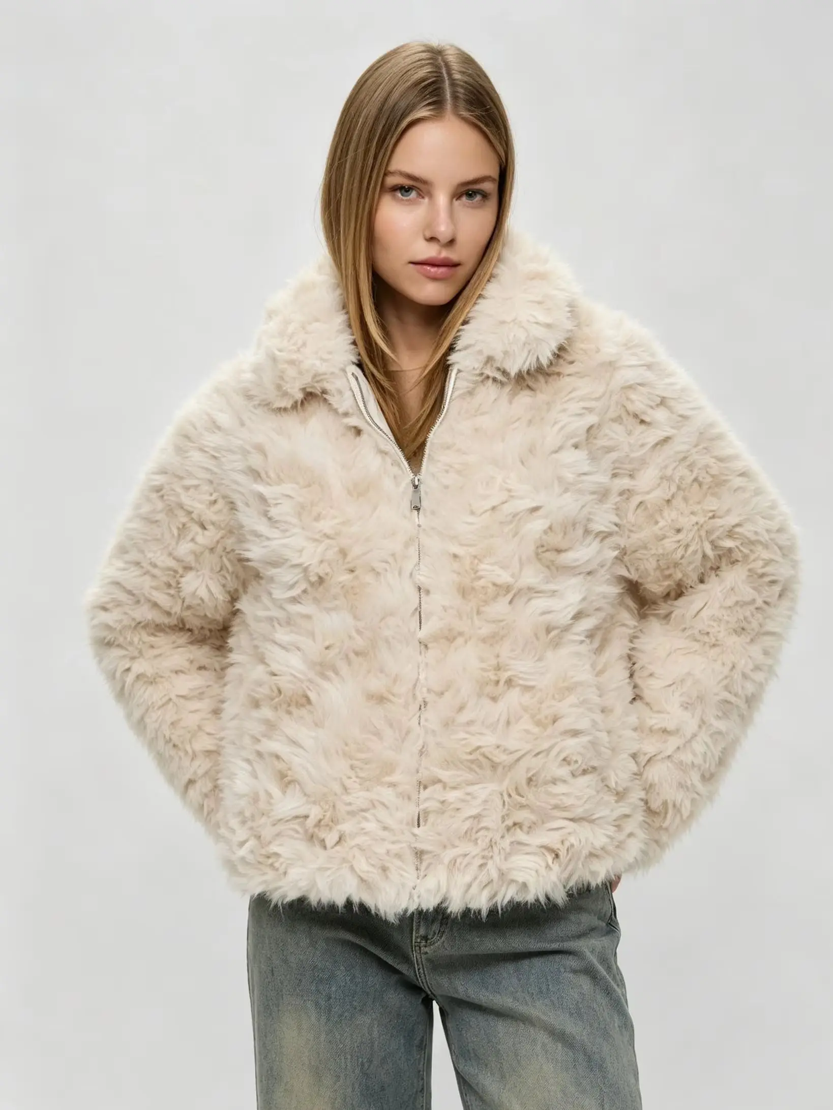 LIMO Ladies Curly Faux Fur Coat Turn‑Down Collar Zip Front Casual Loose Fit Fashion Plush Outer Jacket
