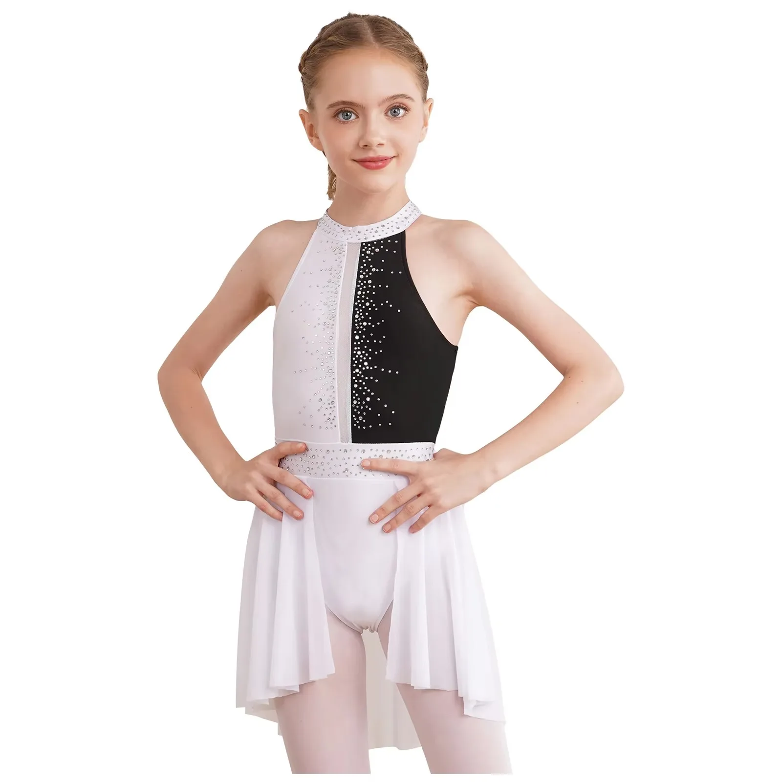 Gaun Tari Tutu Leotard Balet Anak Perempuan Gaun Tari Liris Berlian Buatan Tanpa Lengan Kostum Panggung Leotard Senam Balerina