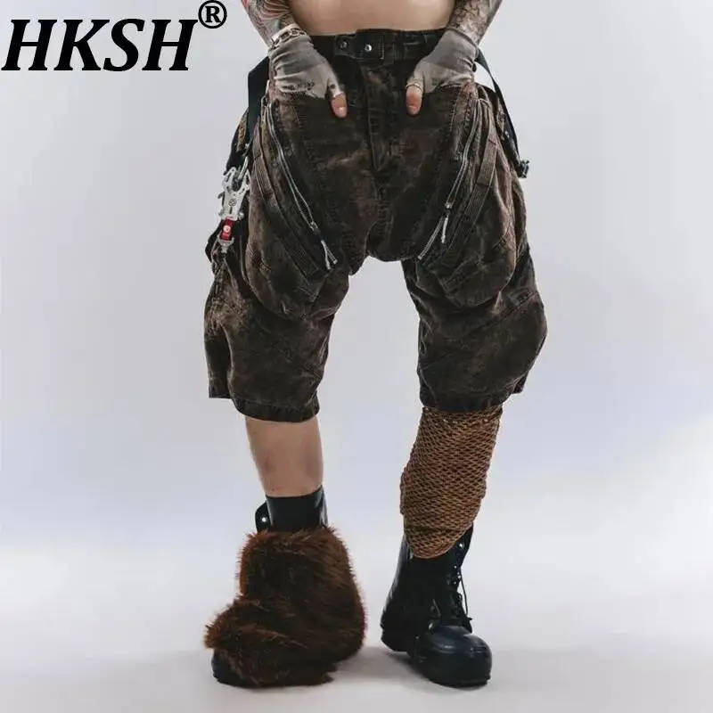 HKSH Spring Summer Men Tide Dark Punk Deconstructed Capris Zipper Pockets Shorts Patchwork Waste Land Half-Length Pants HK24573