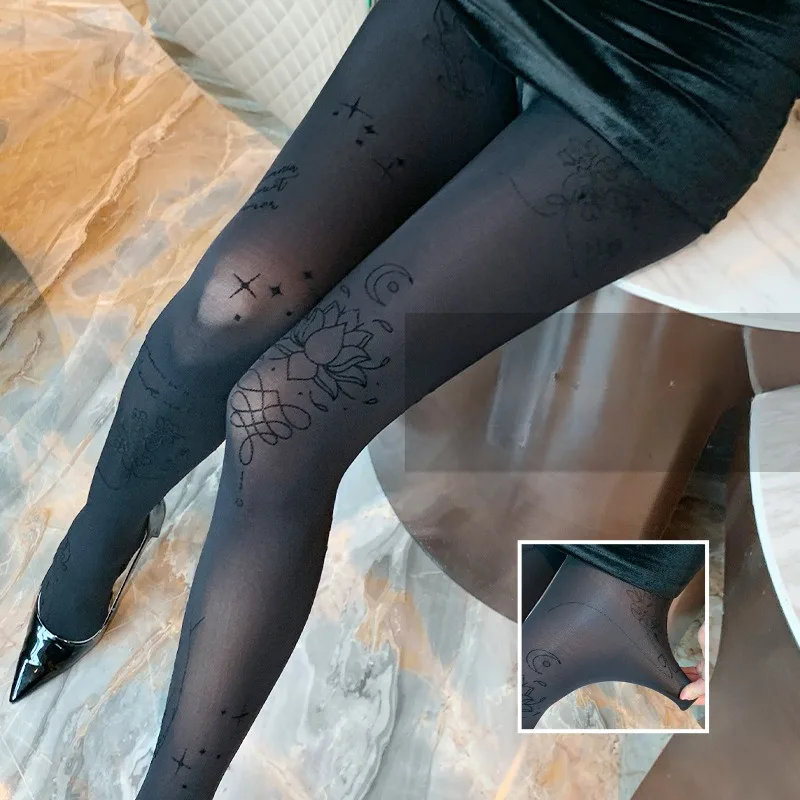 

Women Black Sexy Tights with Patterned Tattoos Pantyhose Inscriptions Flower Letter Ladies Thin Long Black Stockings