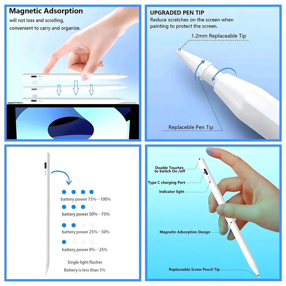 Stylus Pen for Apple Pencil with LED Power Indicators Palm Rejection Touch Pen for 2026 2025 2022 2021 2020 2019 2018 iPad Penci view 2