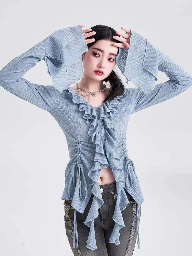 Korean Ruffles T Shirts Women Elegant Slim Flare Sleeve Tops Vintage Sexy V Neck Irregular Female Design Drawstring Tees
