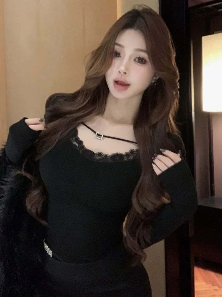 

Thickened Lace Splice Square Collar Base Shirt Women's Sexy Black Lace Patchwork Autumn Winter Design Metal Buckle under Shirt