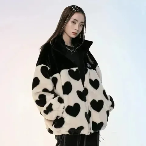 Winter new love plush coat female Korean imitation rabbit hair cute loose hooded thick cotton-padded coat couple coat