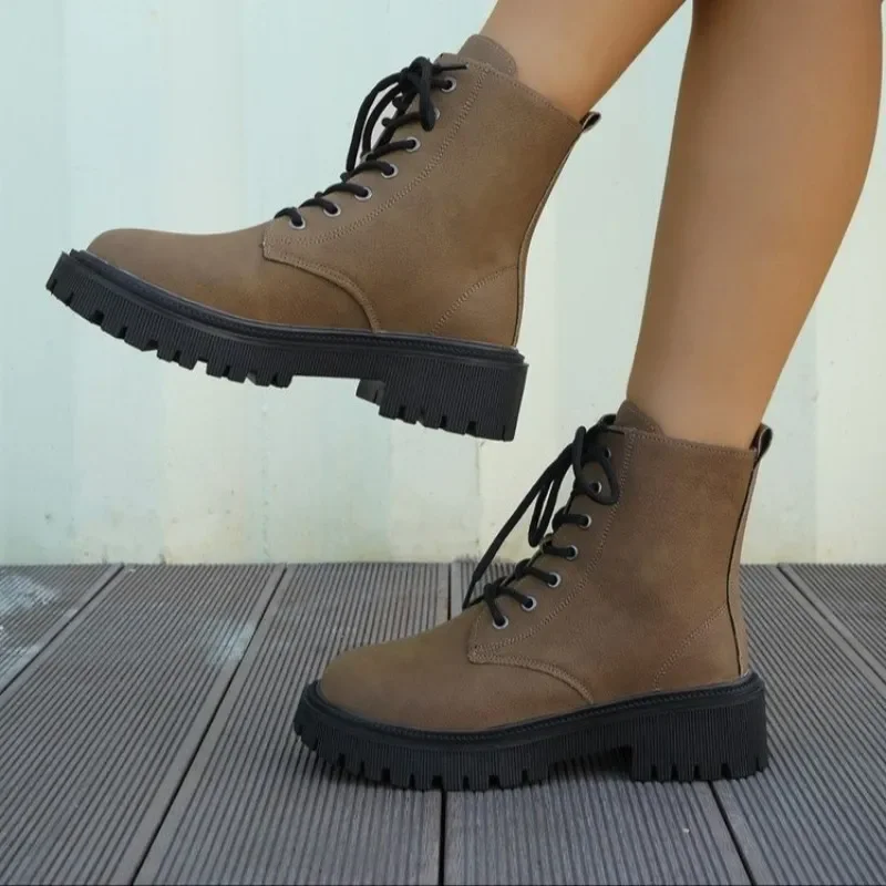 Ladies Shoes 2023 Hot Sale Lace Up Women's Boots Winter Round Toe Solid Middle Tube Chunky Heel Large Size Fashion Boots Zapatos