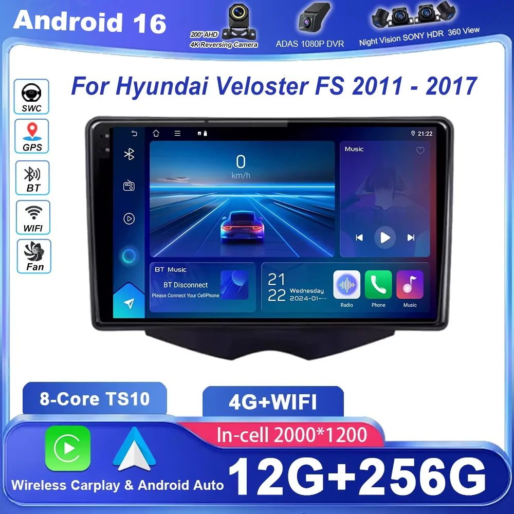 Car Android 16 Radio For Hyundai Veloster FS 2011 -2017 Auto Stereo Multimedia Player GPS Navigation Carplay QLED Touch Screen