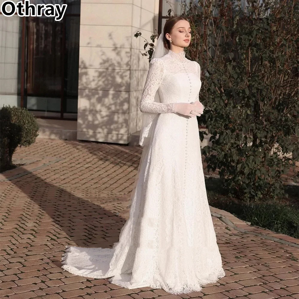 

Othray Vintage Full Lace Wedding Dresses Muslim High Neck Long Sleeves Bridal Gowns Buttons Sweep Train Vestidos De Novia 2025