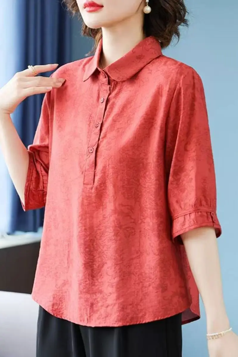 

Женская красная блузка с тисненым узором, воротником Питер Пэн и рукавом до локтя, повседневная свободная модель