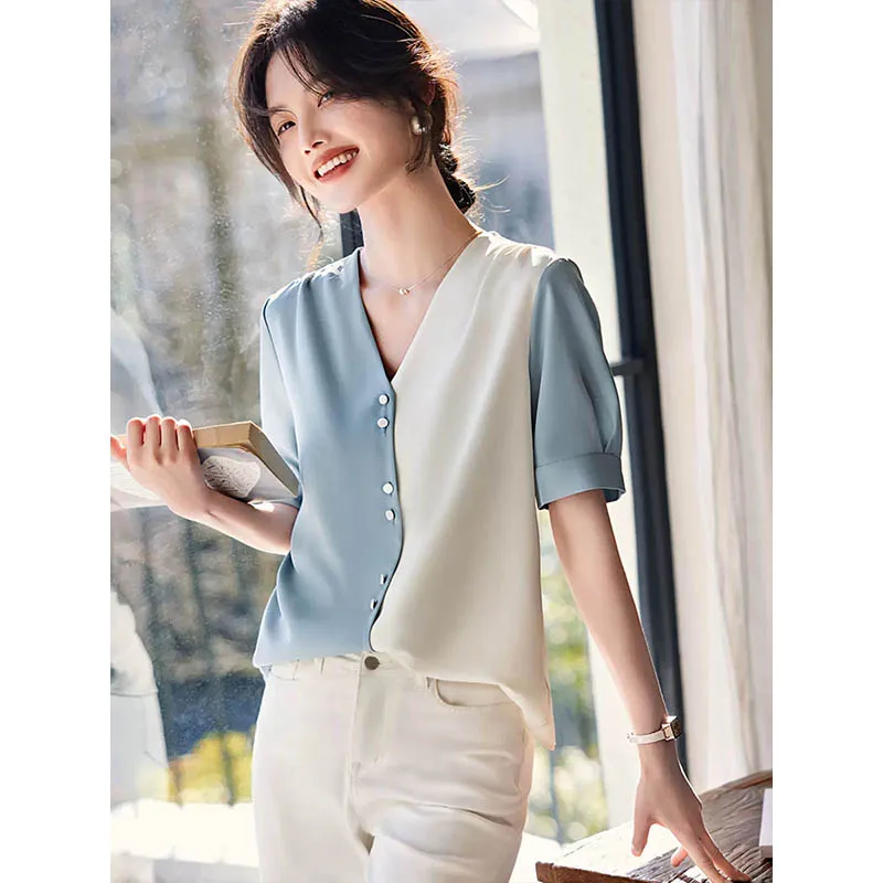 

Женская шифоновая блузка в стиле пэчворк, однотонная блузка в Корейском стиле на пуговицах, с V-образным вырезом и коротким рукавом, офисные Свободные топы для лета