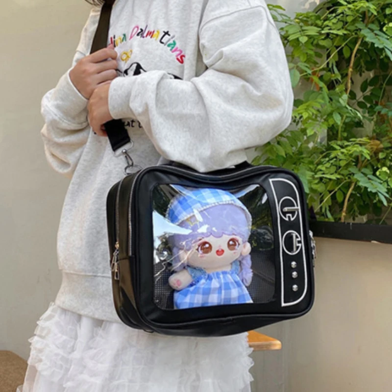 Y2K اليابانية Kawaii TV تصميم Ita حقيبة لطيف بولي PU حقيبة كتف جيب شفاف Harajuku حقيبة كروسبودي للنساء حقائب الظهر الموضة