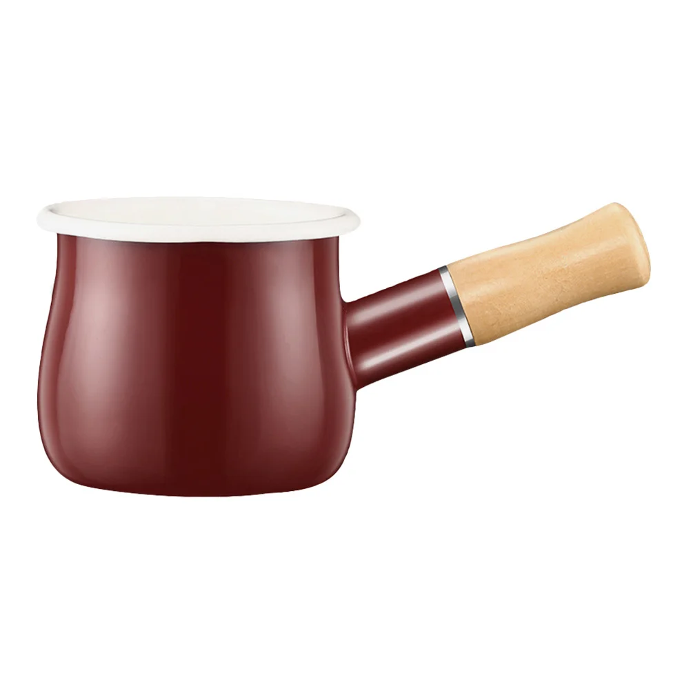 

Milk Sauce Kettle Enamel Smooth Handle Fast Heating Wood Pot for Milk Soup Cooking Creamer Small Pitcher Container