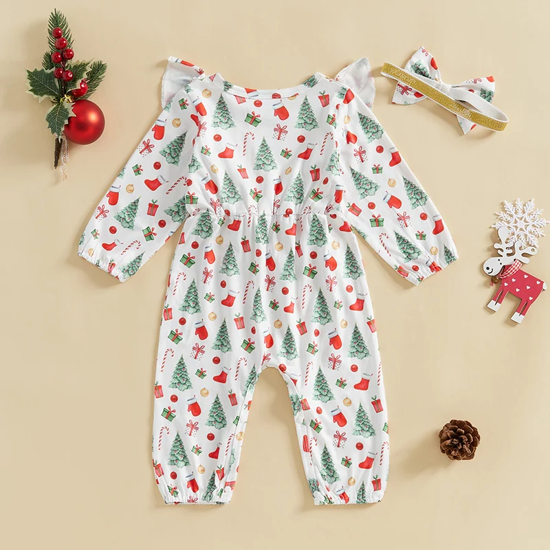 Newborn Baby Girl Christmas Outfit Long Sleeve Ruffle Elk/Xmas Tree Romper Smocked Bodysuit Jumpsuit Headband 0-18M