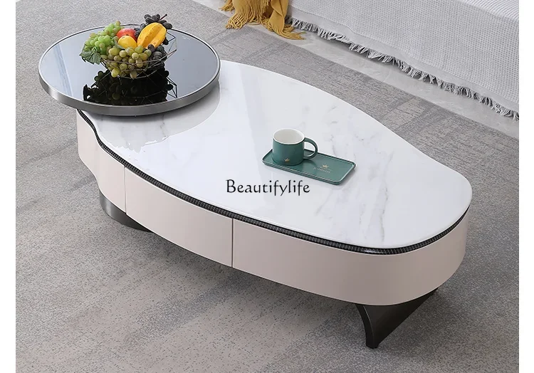 Italian Light Luxury Microlite Creative Coffee Table Shaped round Glass Rotatable Tea Table