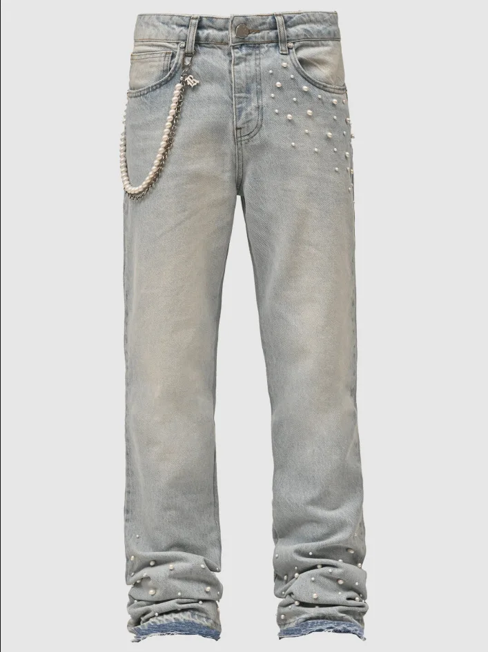 American retro washed letter spliced denim trousers high street trendy brand couple loose straight micro-flared long trousers