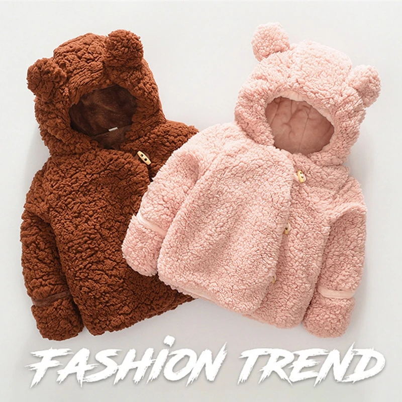 Baby Winter Coat Children Plus Velvet Thick Warm Woolen Coat Boys Girls Cartoon Bear Hooded Coat Lamb Fur Baby Outwear 3M-3Y