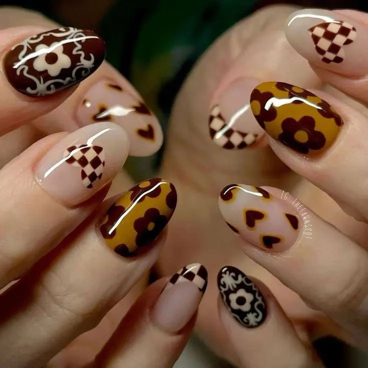 

24 шт., нежный ретро-пресс на ногтях, карамель, коричневый, шахматный, с цветочным принтом, дизайн, накладные ногти, миндаль, овальная форма, накладные ногти 라네일