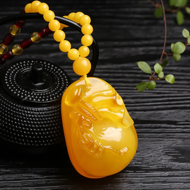 Fortune Carved Money Bag Chicken Oil Yellow Old Amber Pendant Sweater Necklace for Men and Women