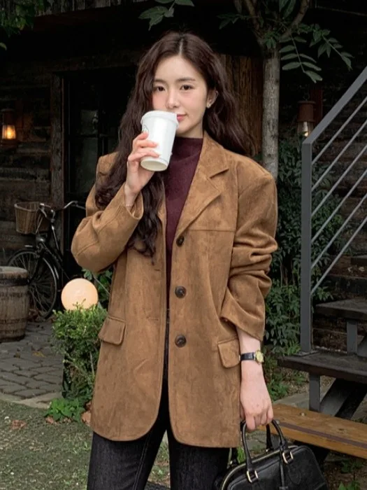 Traje Retro de gamuza con un solo botón Jaet para mujer, cuello elegante y adelgazante, Top versátil, ropa de trabajo coreana para ir al trabajo