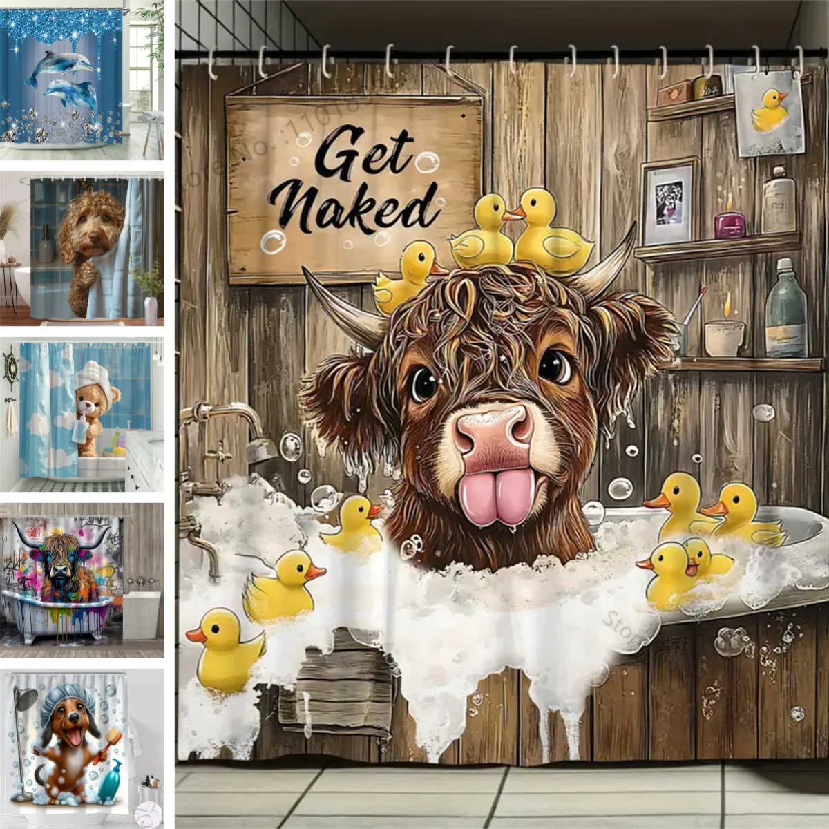 

Bathtub Yak Bathing Cute Cartoon Animal Bath Time Shower Curtain Waterproof Polyester, Machine Washable with Hooks Included