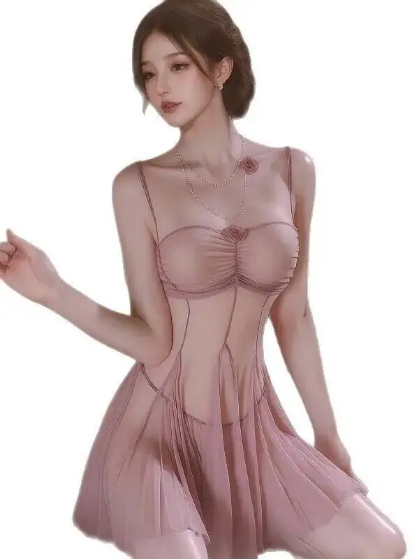 Sexy Sheer Mesh Lace Nightdress Hollow Out Open Crotch Night Wear Solid Color Backless Deep V Suspenders Sleeveless Dress VI9M