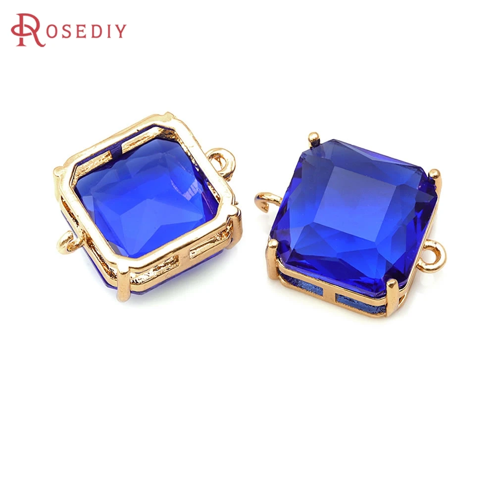 6PCS 18K Gold Color Brass Glass 2 Holes Square Connect Charms Pendants High Quality Necklace Earrings Charms Jewelry Making view 2