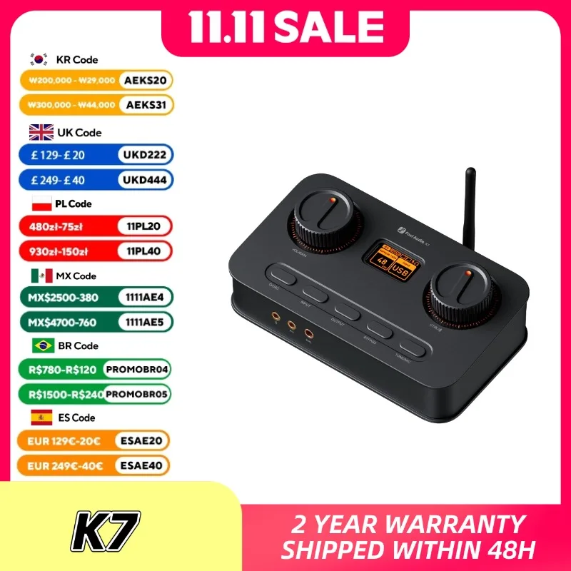 Fosi Audio K7 HiFi DAC ومضخم سماعة الرأس، شريحة AKM4493ESQ DAC، PCM 384 كيلو هرتز/32 بت وDSD256، مدخل ميكروفون USB Audio DAC للألعاب