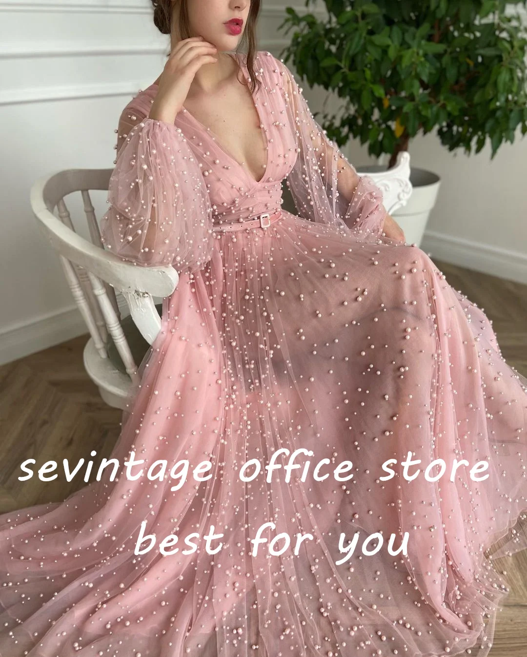 Sevintage Hồng Đính Hạt Ngọc Trai Vũ Hội Áo Tay Dài Cổ Chữ V Chữ A Váy Dạ HộI Dự Tiệc Trang Trọng Đầm Có Túi 2022