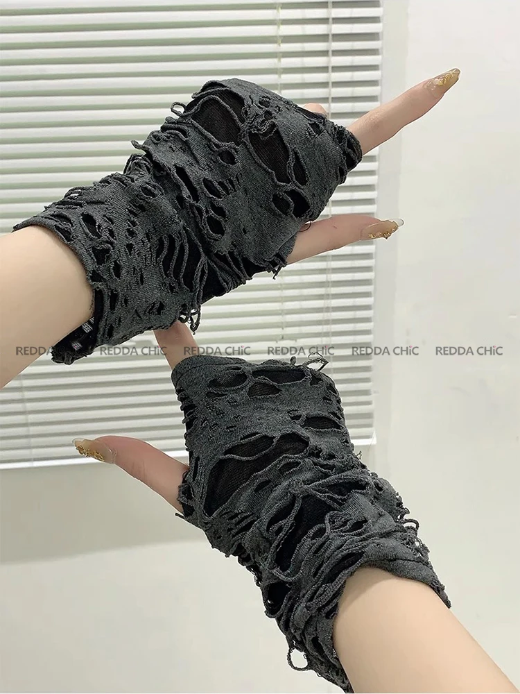 REDDACHiC Acubi Fashion Women Ripped Holes Arm Warmers Retro Gray Fingerless Gloves Arm Sleeves Grunge Y2k Harajuku Accessories