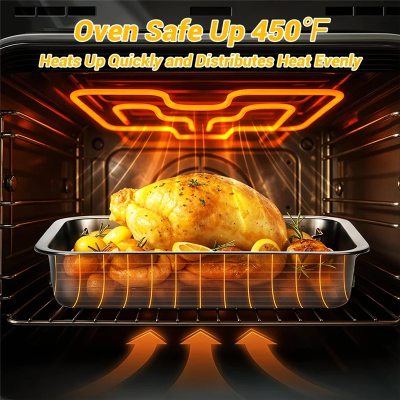

LNHF Stainless Steel Roasting Pan- Heavy Duty Turkey Baking Broiler Pan With Rack And Handle For Oven, For Chicken