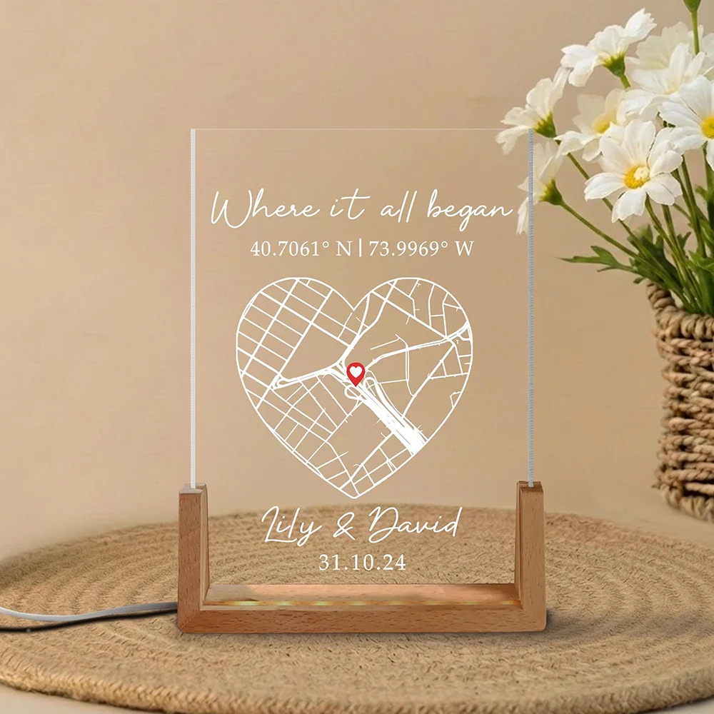 

Personalized Couple Map LED Light Custom Plaque Mark First Meet Time Place Sweet Gift For Partner Romantic Home Memory Decor