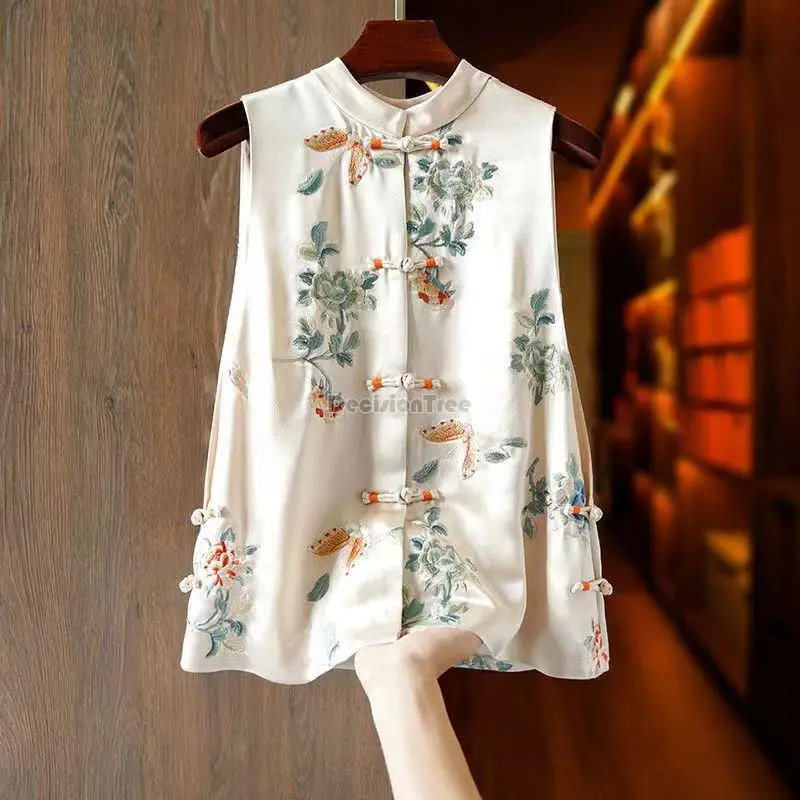 

Vintage chinese qipao tops women vest flower printing oriental ethnic sleeveless waistcoat Elegant Loose tang suit female vest