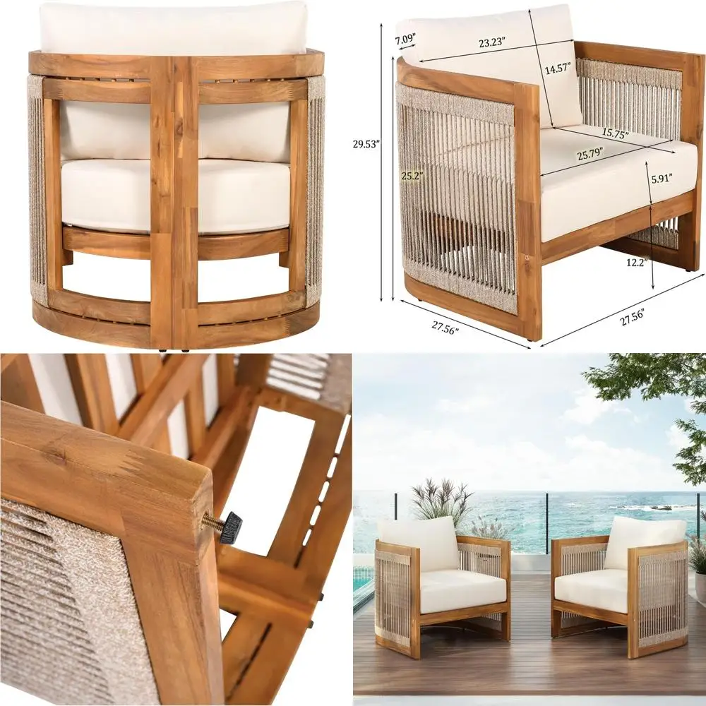 

Комплект из 2 кресел для патио Dora с подушками, уличные кресла-шезлонги из акации, с плетеными элементами, изогнутый дизайн, для балкона