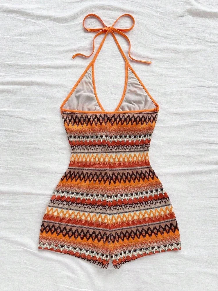 Jumpsuit Halter Tie Neck Deep V Keyhole Front Geometric Stripe Short Leg Outfit For Women Beach Holiday Boho Retro Casual Wear