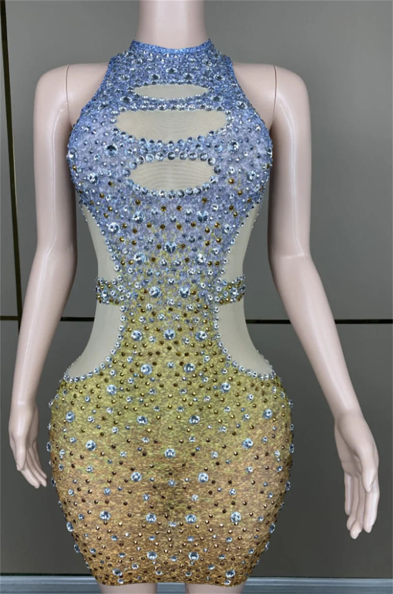 

Sexy Bling Silver Rhinestones CrystalsSleeveless Mesh Dress Stretch Dance StageBirthday Celebrate Performance PhotoshootDress