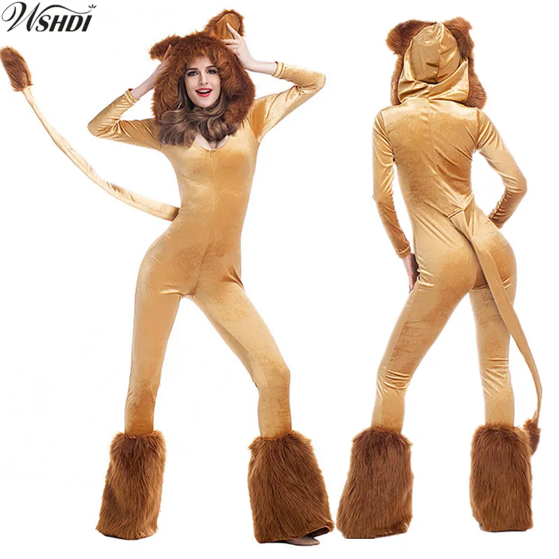 

Adult Women Deluxe Lion Animal Cosplay Costume Sexy Furry Lion Jumpsuit With Big Tail Halloween Party Fancy Outfit