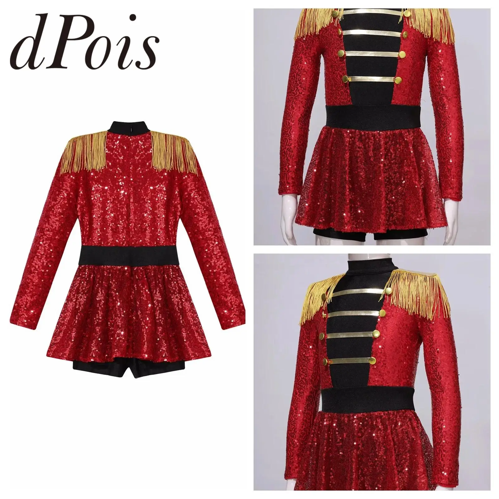 

Kids Girls Cosplay Circus Costume Drum Shomwman Magician Jumpsuit Ringmaster Dress Up Tassel Shiny Sequins Leotard Dress