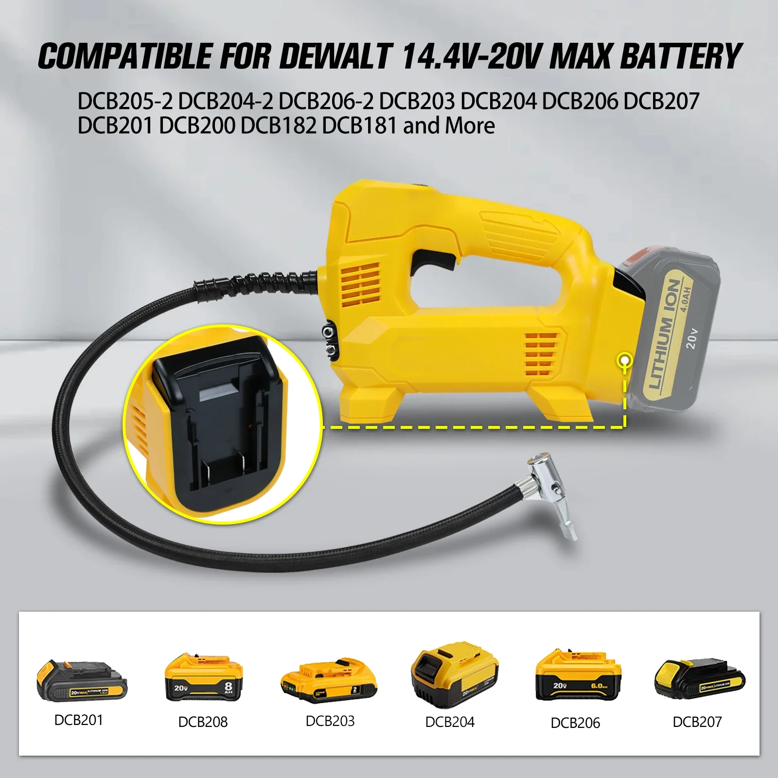 Electric Air Pump Car Tire Inflator Air Compressor with LCD Digital Pressure Gauge for Dewalt 20V Li-ion Battery (No Battery)