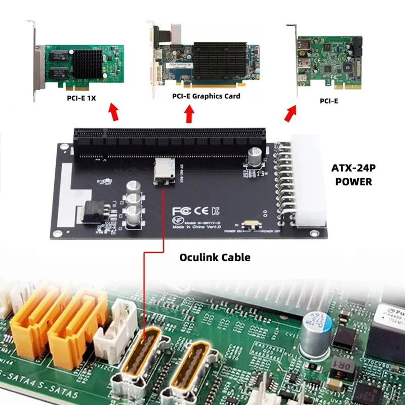 PCIE PCI-Express 16X 어댑터, 메인 보드 그래픽 카드용 ATX 24 핀 전원 포트 포함, 4X Oculink SFF-8612 SFF-8611