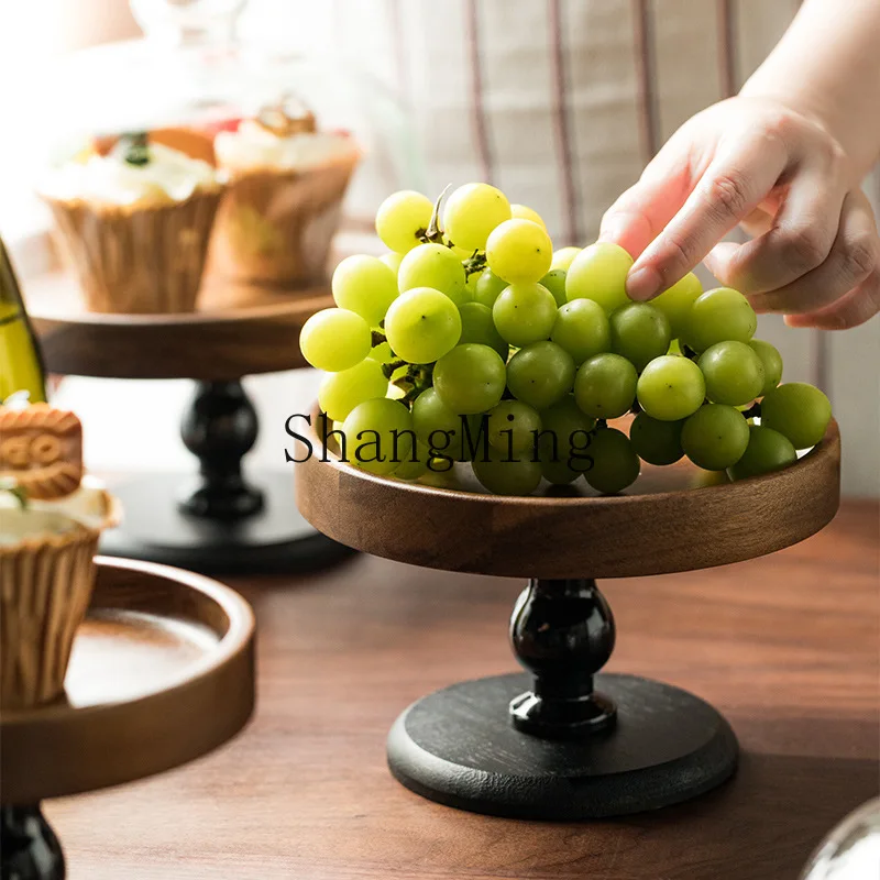 DSA Wooden Tall Tray Acacia Wood Dessert Fruit Plate Dust-proof Glass Cover Tall Porcelain Plate