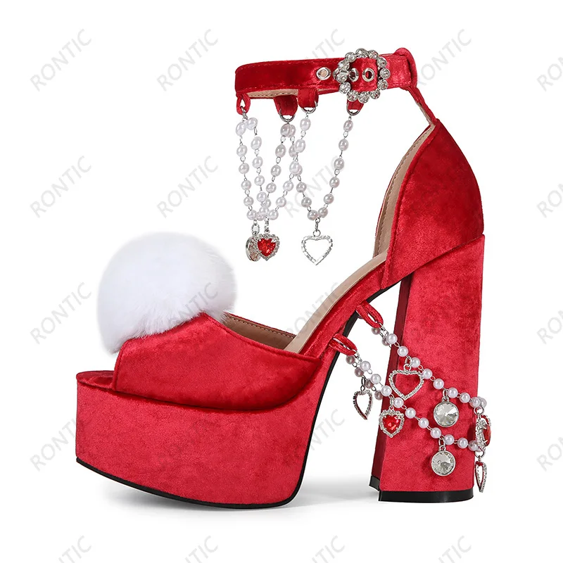 Rontic Women Velvet Platform Block Heel Sandals Peep Toe Pearl Heart Chain Ankle Strap Ladies Party Lolita Shoes Size 5-20 view 2
