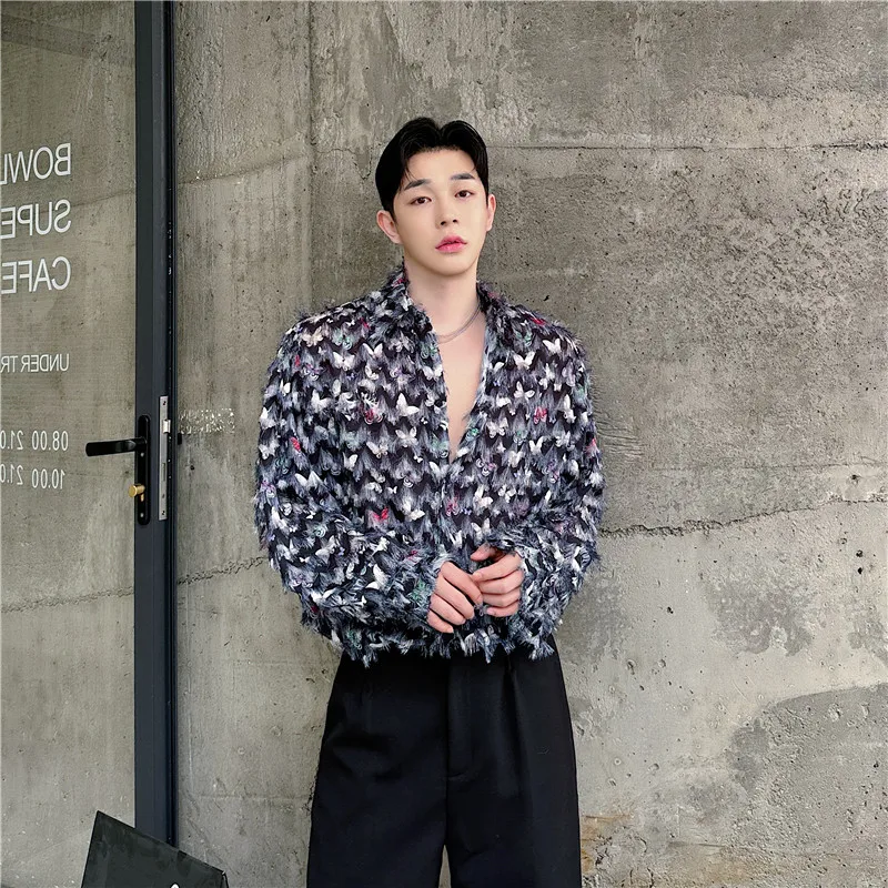 

Men's Print Shirt Feather Plume Stage Performance Loose Fit Breathable Summer Long Sleeve Casual Fashion