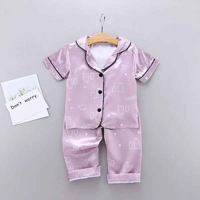 Kids Pajamas Set Silk Satin Kids Boys Girls Sleepwears Outfits Set Print Sleepwear Short Sleeve Blouse Tops+Pants 2PCS Pijamas