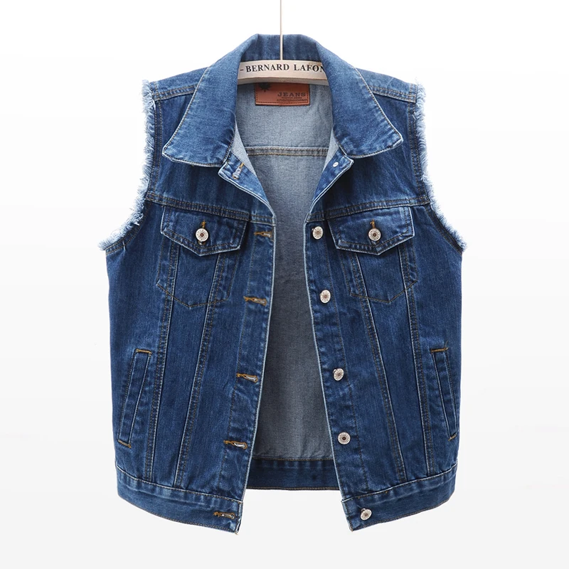 

Spring Summer Vintage Dark Blue Denim Vest Women Casual Waistcoat Loose Short Burrs Sleeveless Jacket Pocket Jeans Vests Female