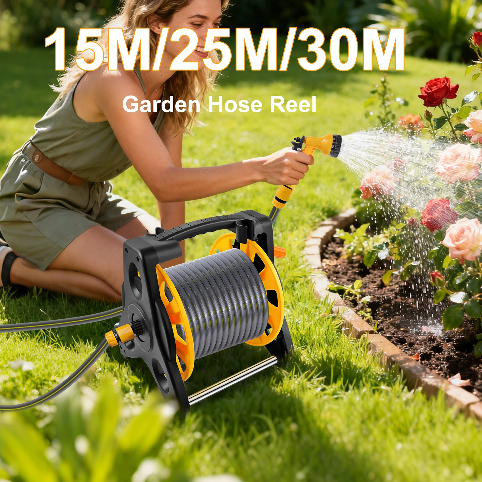 Enrouleur de tuyau d'arrosage 15/25/30M, moulinet de tuyau sur pied, robuste avec buse, 7 modèles et raccords