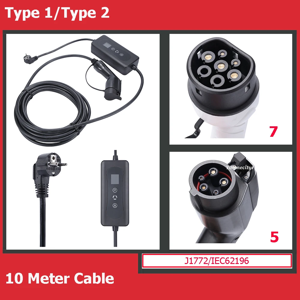 Portable Electric Car Charger Gun Adapter For Tesla Model 3 S X Leaf Audi BMW EV With Type 1 2 j1772 Type1 Type2 10M length