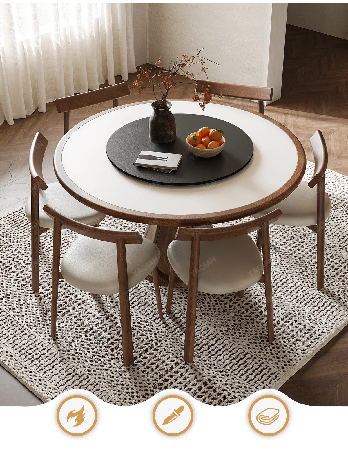Retro solid wood rock slab round dining table Chinese medium and ancient style round dining table